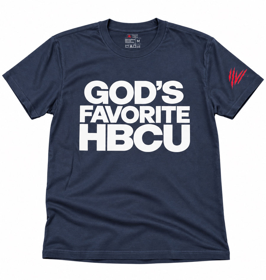 Navy God’s Favorite HBCU graphic T-shirt with white front lettering and red sleeve claw detail