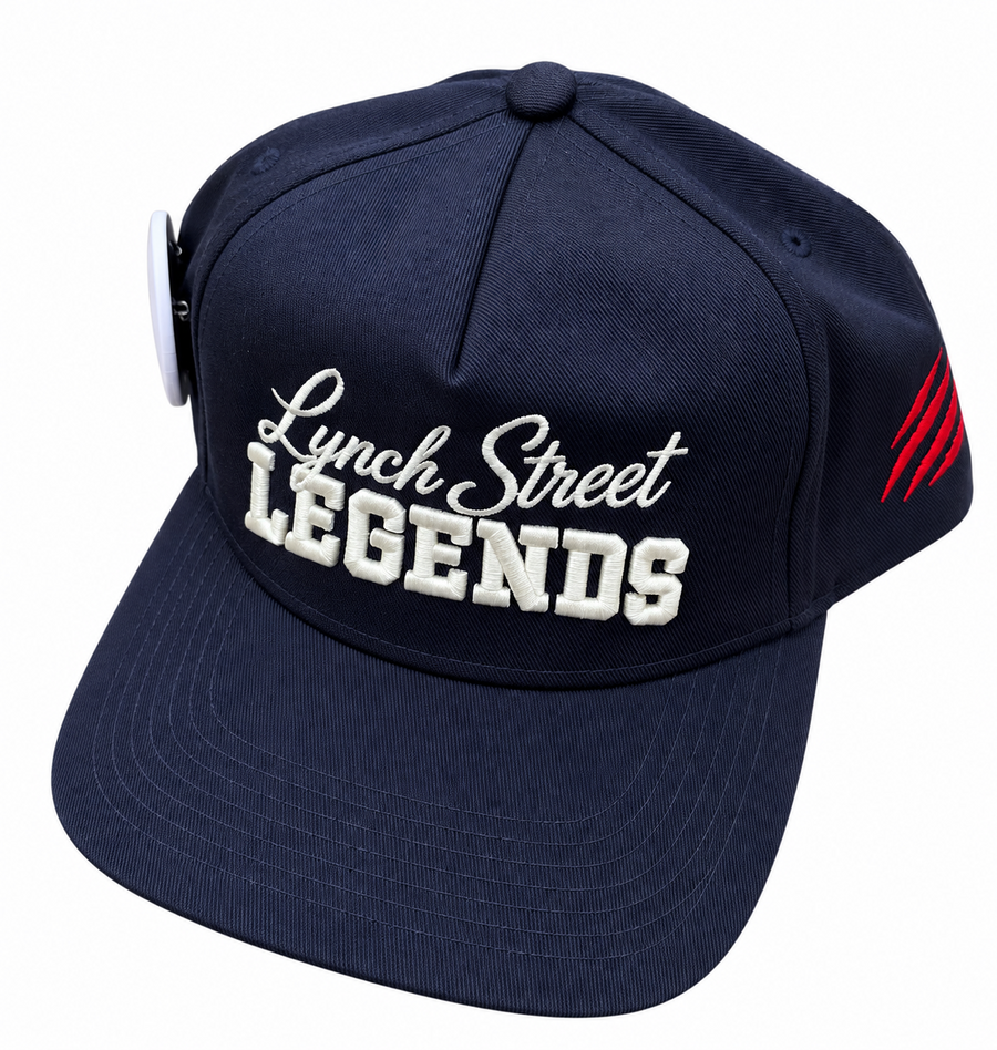 Legendary Vintage Navy Embroidered Snapback cap with raised white Lynch Street Legends embroidery and red side detailing